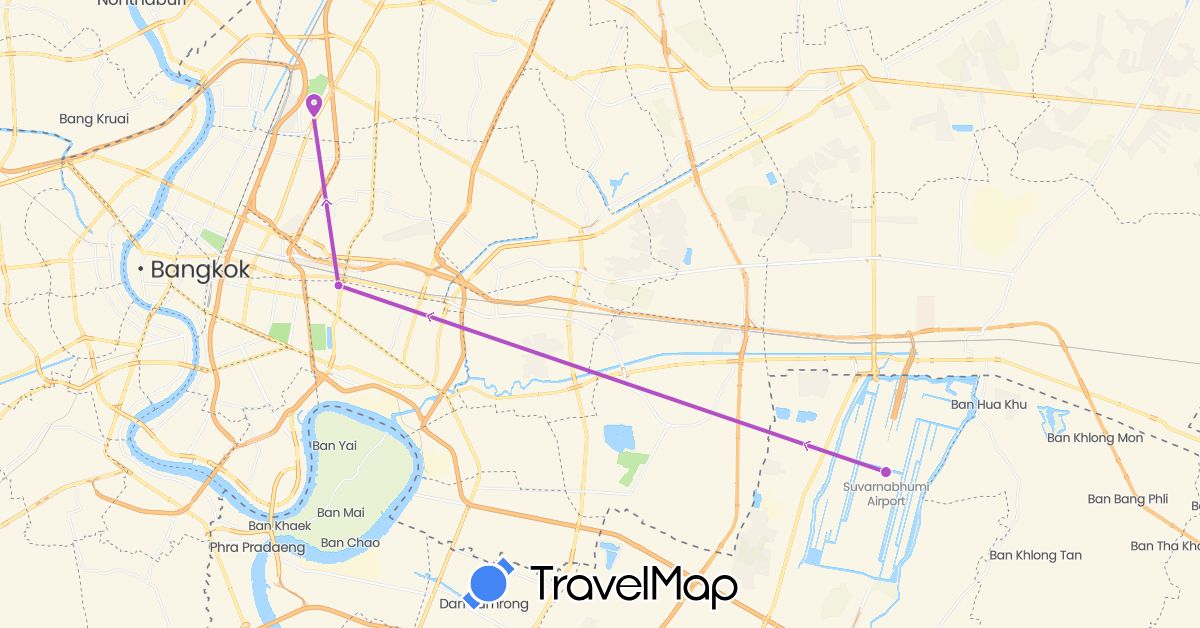TravelMap itinerary: driving, train in Thailand (Asia)